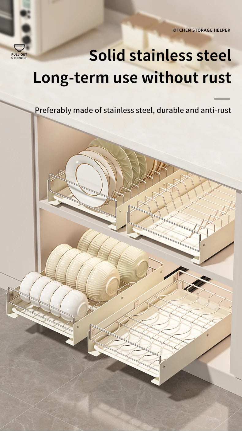 Drain Pull Out Dish Racks Slideable Stainless Steel Bowl Rack Cabinet Tray Storage Holder Kitchen Basket Plate Drain Shelf Rack