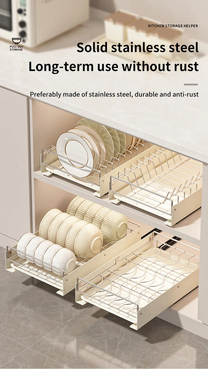 Drain Pull Out Dish Racks Slideable Stainless Steel Bowl Rack Cabinet Tray Storage Holder Kitchen Basket Plate Drain Shelf Rack