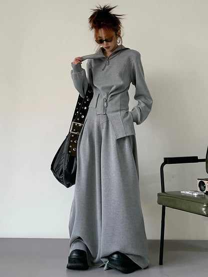 EAM Gray Irregular Zipper Spliced Sweatshirt New Stand Collar Long Sleeve Waist Women Fashion Tide Spring Autumn 2025 30A3036