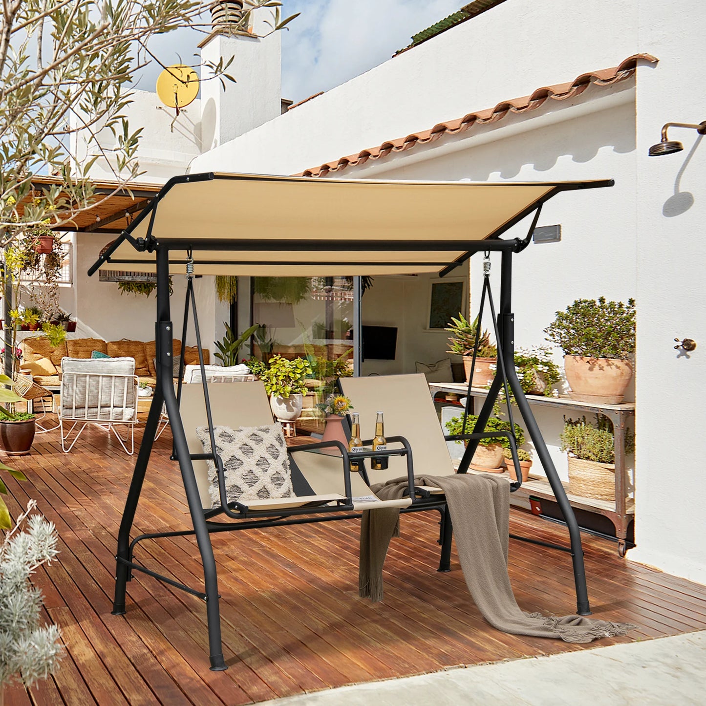 GOFLAME 2-seat Outdoor Patio Swing, Patio Loveseat Swing with Adjustable Canopy, Heavy-duty Steel Frame