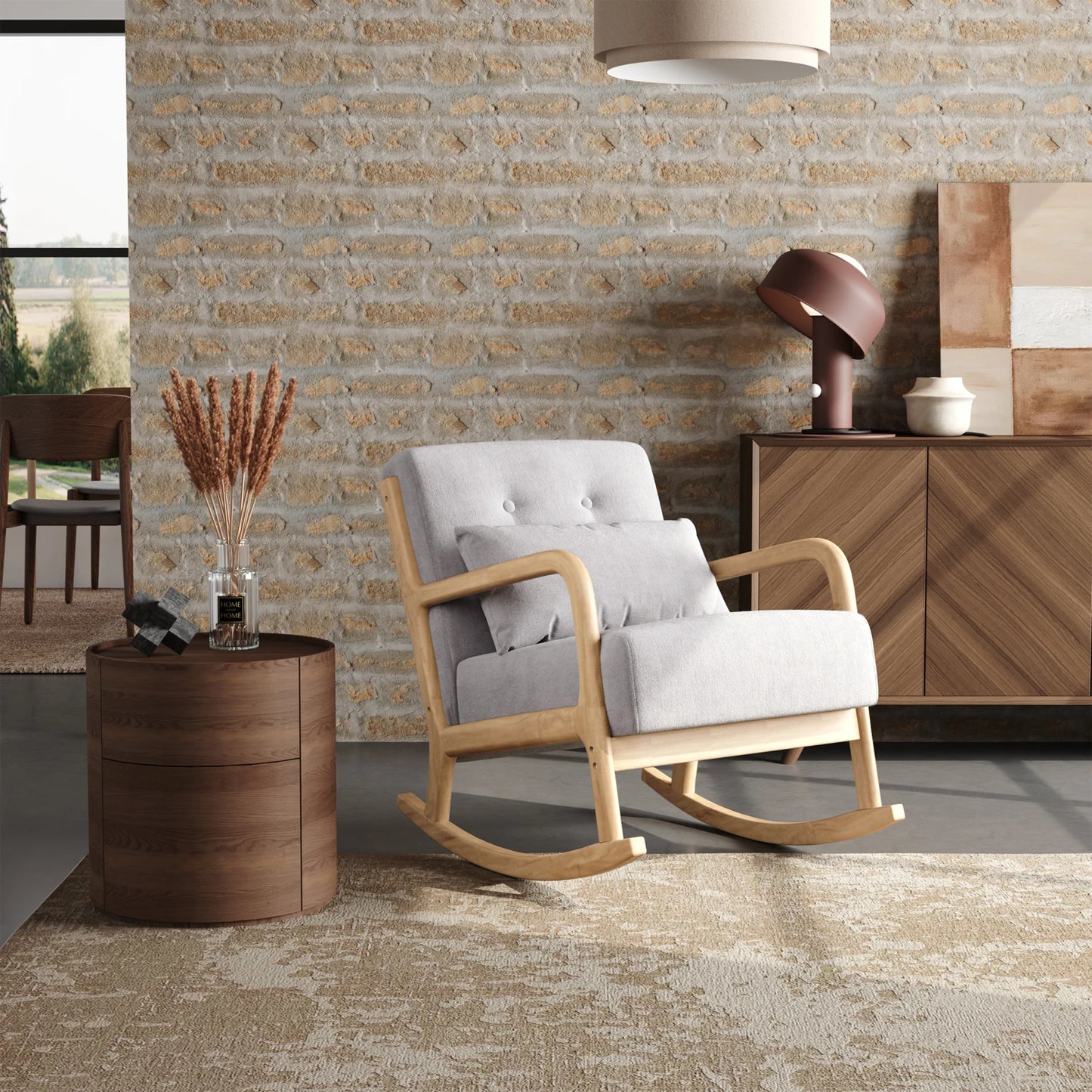 Grey Contemporary Linen Buttoned Rocking Chair Living Room Furniture Lounge Chair