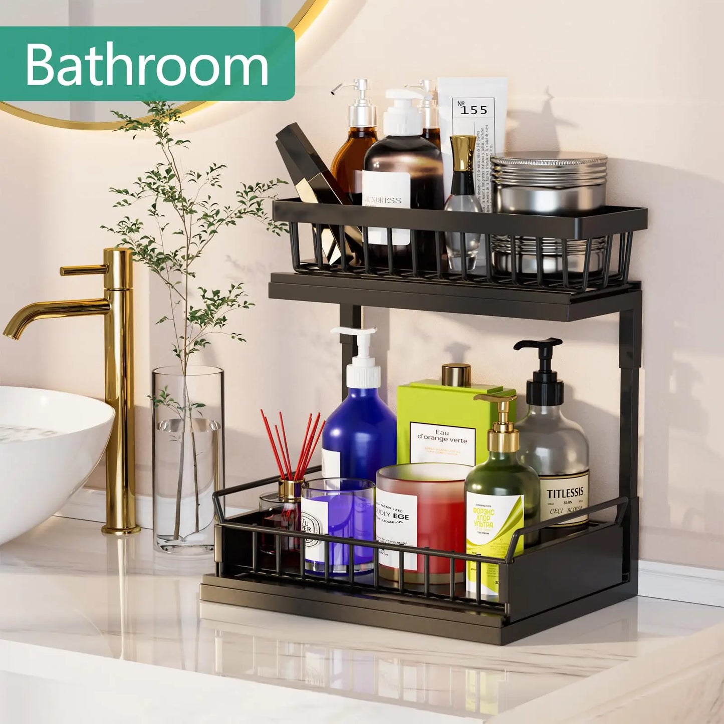 2 Tier Under Sink Organizer and Storage Basket,Slide Out Under Cabinet Organizer Shelf,Multi-Purpose Pull Out Drawer Cabinet