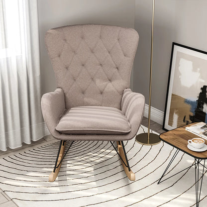 Grey Modern Upholstered Rocking Chair with Rubberwood Runner for Living Room Home Office