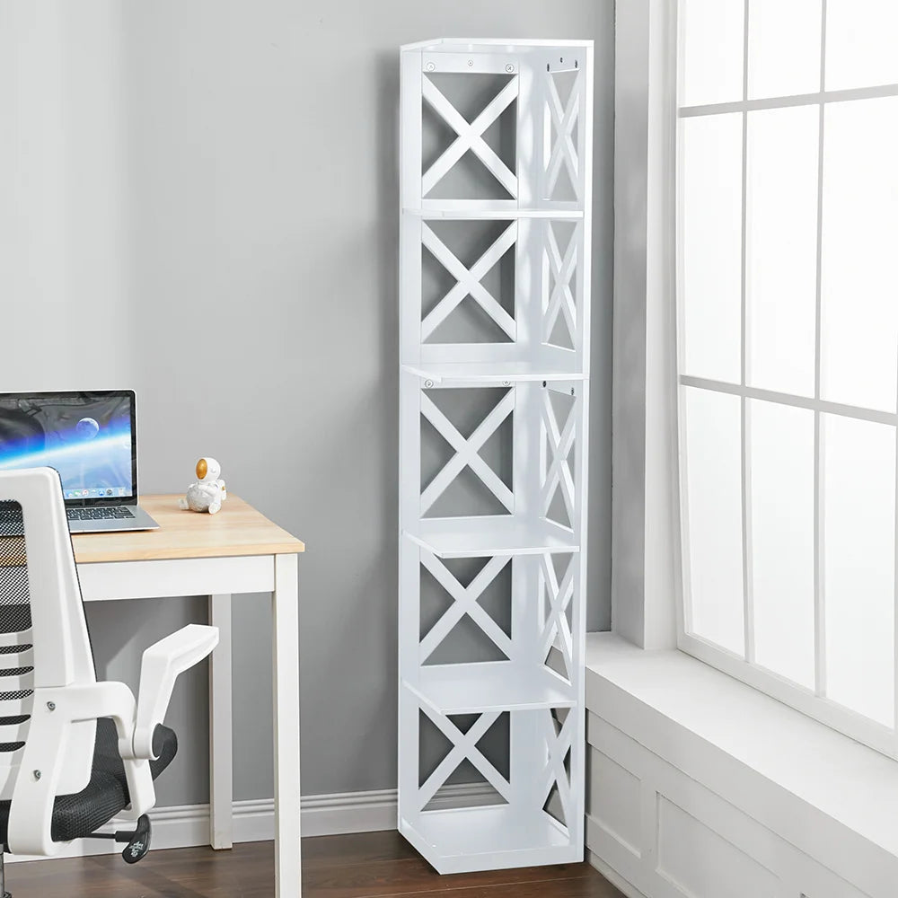 5 Tier Modern Wood Corner Standing Shelf for Living Room, White