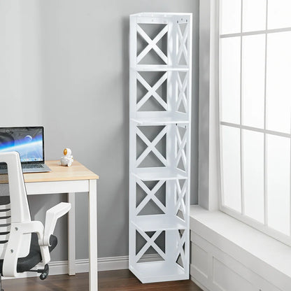 5 Tier Modern Wood Corner Standing Shelf for Living Room, White