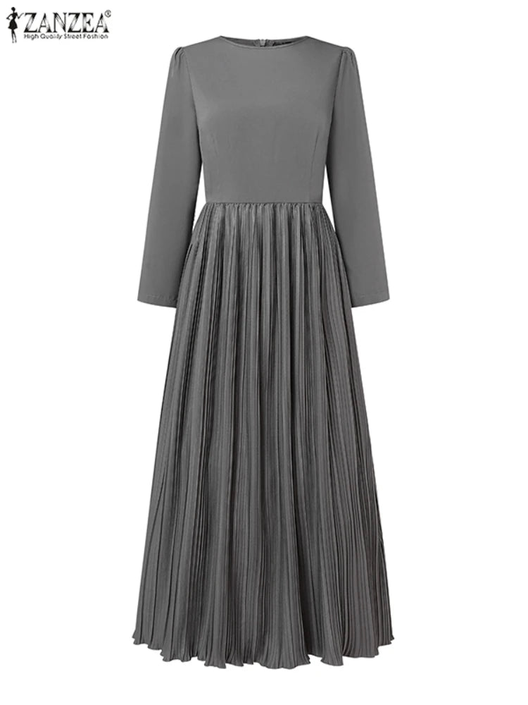 ZANZEA O Neck Plisse Maxi Dress Elegant High Waist Long Sleeve 2024 Fall Pleated Dress Women Commute Fashion A-line Vestidos