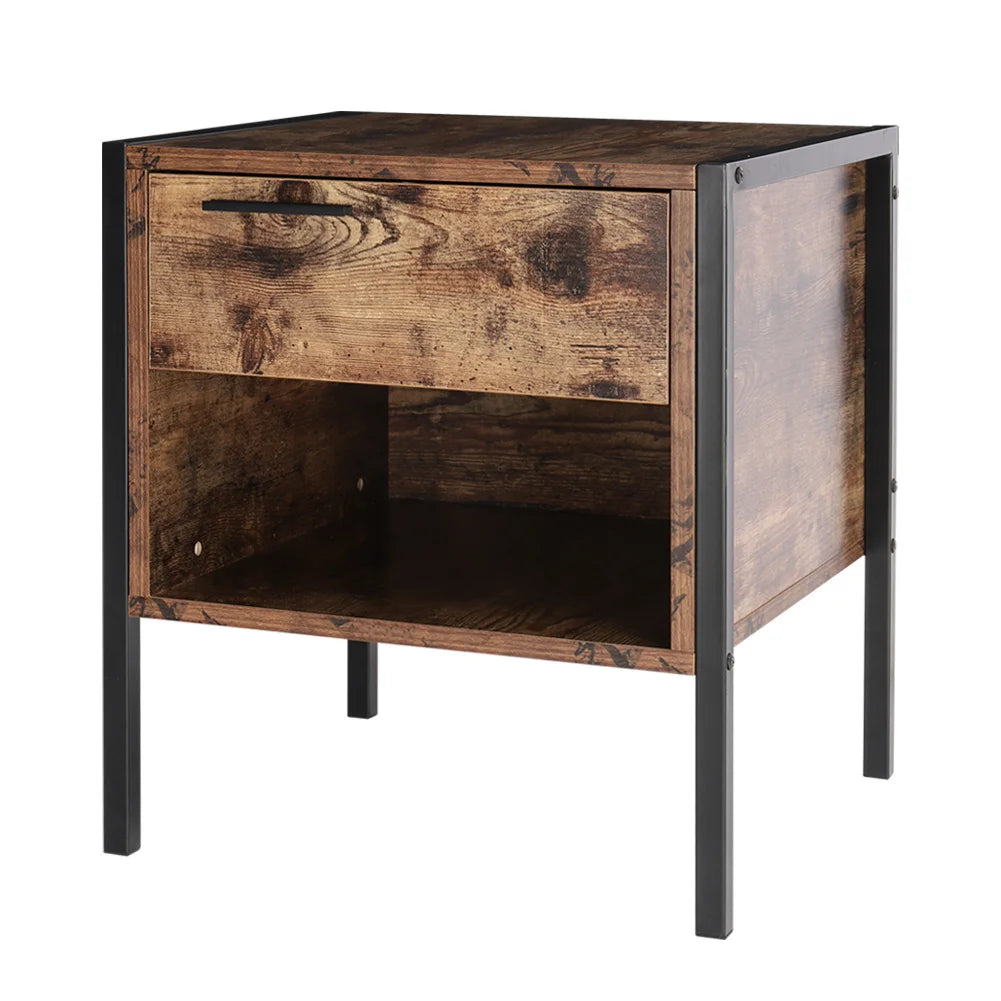 Retro Style Bedside Table with Drawer Open Front Storage Compartment