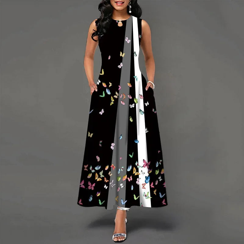 Flower Print New Casual Sleeveless Long Dress