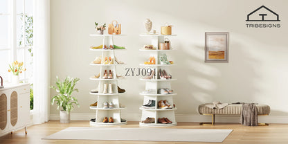 Rotating Shoe Rack, 7-Tier Revolving 24 Pairs Shoe Shelf Tower, Wood Space-Saving 360° Spinning Shoe Organizer
