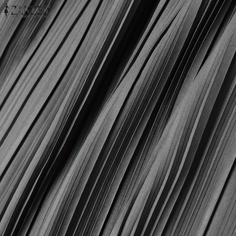 ZANZEA O Neck Plisse Maxi Dress Elegant High Waist Long Sleeve 2024 Fall Pleated Dress Women Commute Fashion A-line Vestidos