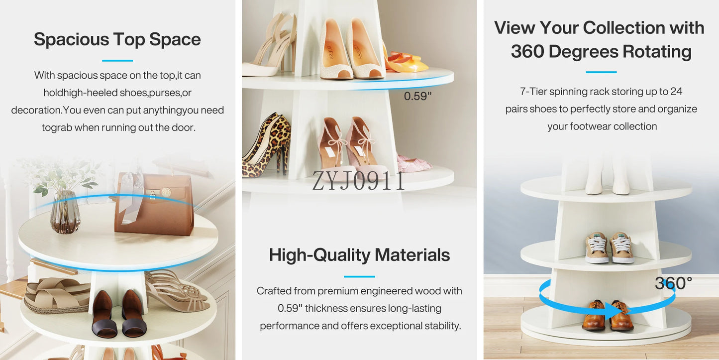 Rotating Shoe Rack, 7-Tier Revolving 24 Pairs Shoe Shelf Tower, Wood Space-Saving 360° Spinning Shoe Organizer