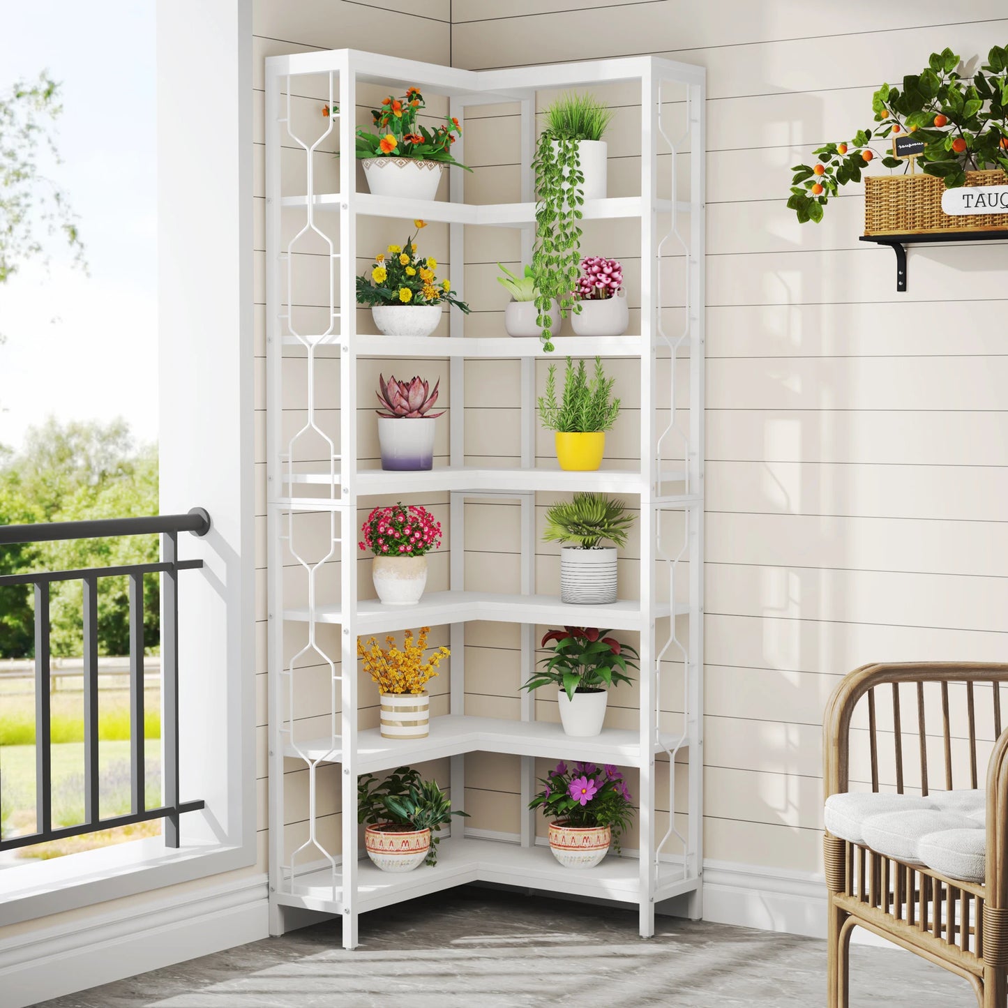 7-Shelf Corner Bookshelf,Large Modern Corner Bookcase, 7-Tier Tall Corner Shelf Storage Display Rack with Metal Frame