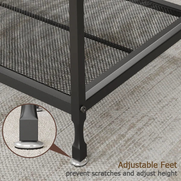2-Tier Rustic Coffee Table Center Table with Mesh Shelf Rectangle Storage Cocktail Table Metal Frame for Living Room