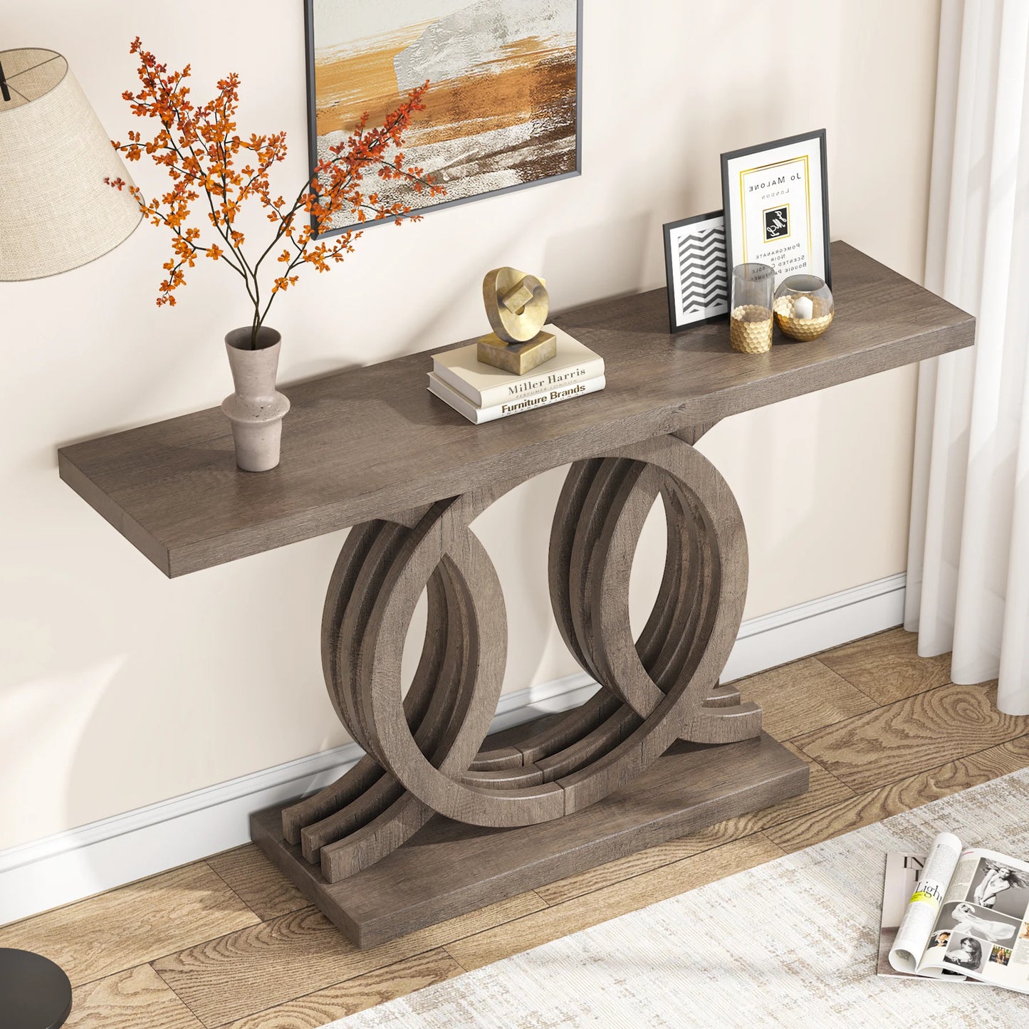Entrance furniture modern antique rustic brown retro wood farmhouse entry hallway table console 140cm with Geometric Base