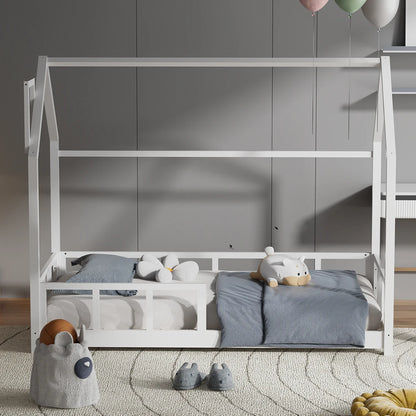 Wooden House Bed Frame with Fence Roof, White&Grey
