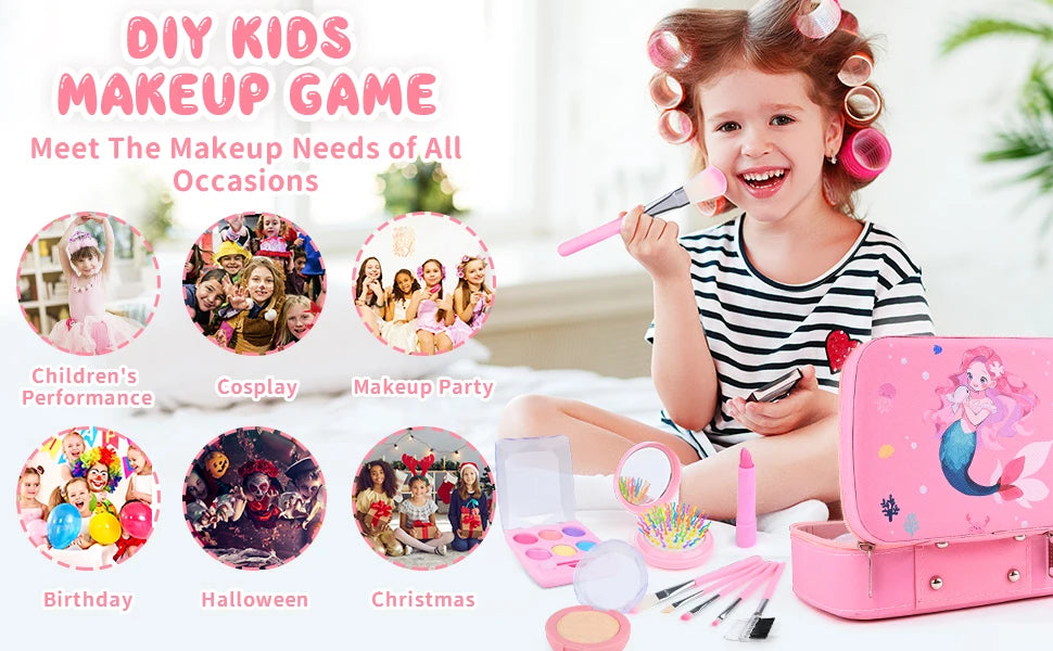 Kids Makeup Sets for Girls Washable Make up Starter Kit Princess Pretend Play Makeup Girls Toys with Cosmetic Bag Birthday Gift