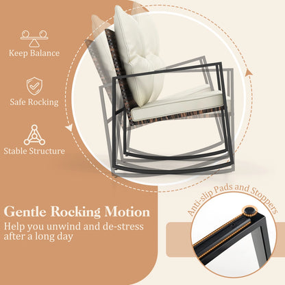 GOFLAME 3 Pieces Rocking Bistro Set, Metal Frame Wicker Rocker Chairs Set w/ Detachable Cushions
