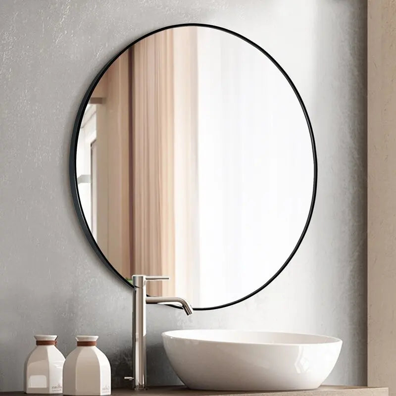 Modern Wall Mounted Slim Frame Round Mirror, Black 50cm