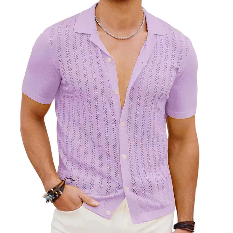 Short Sleeve Polo Shirt, Knitted Stripe Solid Breathable Cardigan Shirt