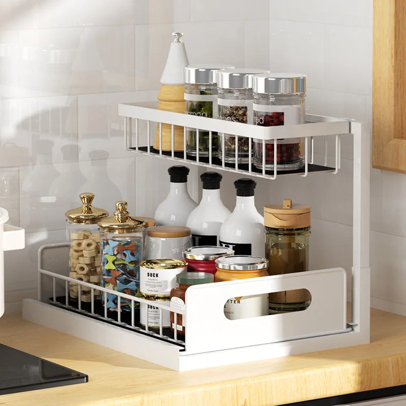 Under Sink 2 Tier Sliding Cabinet Basket Organizer Drawer Pull Out Cabinet Multi-Purpose Sink Organizer for Bathroom Kitchen