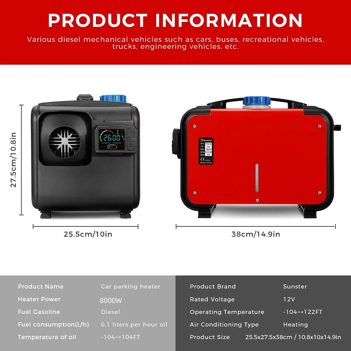 Sunster 8KW Diesel Air Heater All in One 12V Universal Car Parking Heater LCD  Remote Control  For Car Trailer Truck