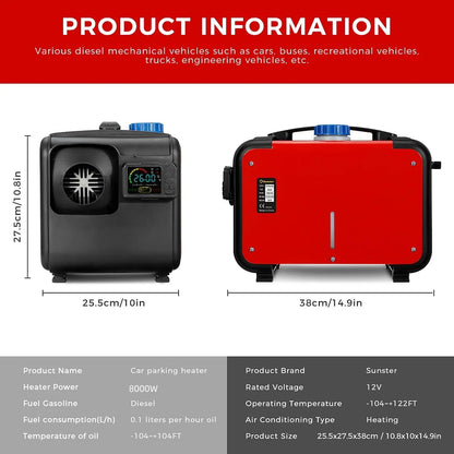 Sunster 8KW Diesel Air Heater All in One 12V Universal Car Parking Heater LCD  Remote Control  For Car Trailer Truck