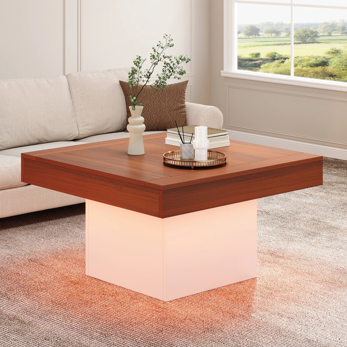 70W *70D*40H cm Coffee Table - Square Wooden Center Table, LED Lights, APP Control, Easy to Clean
