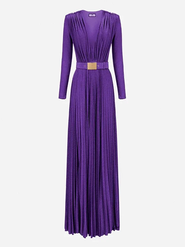 Tinaa Women Evening Dresses Belted Pleated Solid Color Split-side Long Sleeves Wrap V-neck Maxi Dresses for Ladies Party Dress