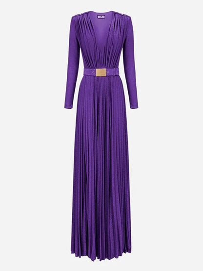 Tinaa Women Evening Dresses Belted Pleated Solid Color Split-side Long Sleeves Wrap V-neck Maxi Dresses for Ladies Party Dress