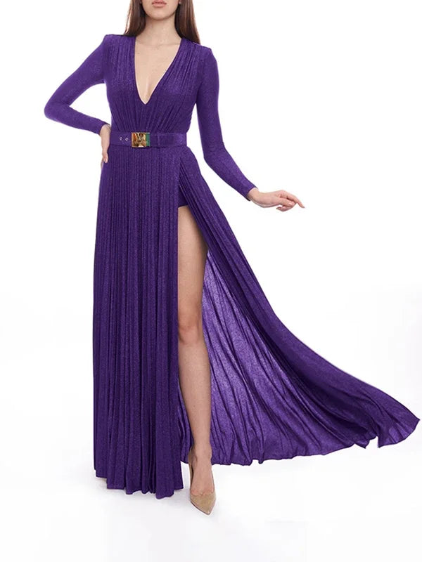 Tinaa Women Evening Dresses Belted Pleated Solid Color Split-side Long Sleeves Wrap V-neck Maxi Dresses for Ladies Party Dress