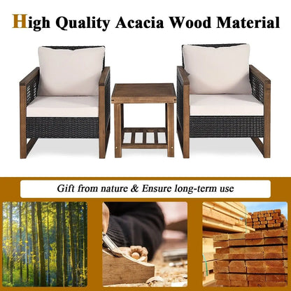 GOFLAME 3 PCS Patio Furniture Set, Outdoor Conversation Set with Acacia Wood Coffee Table & 2 PE Rattan Chairs