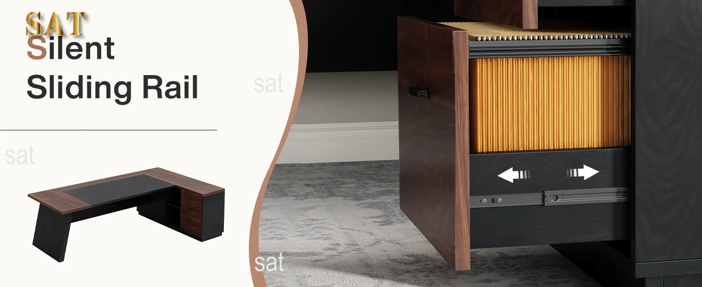 78" L-Shaped Executive Desk Large Office Desk with Drawers and Lateral File Cabinet