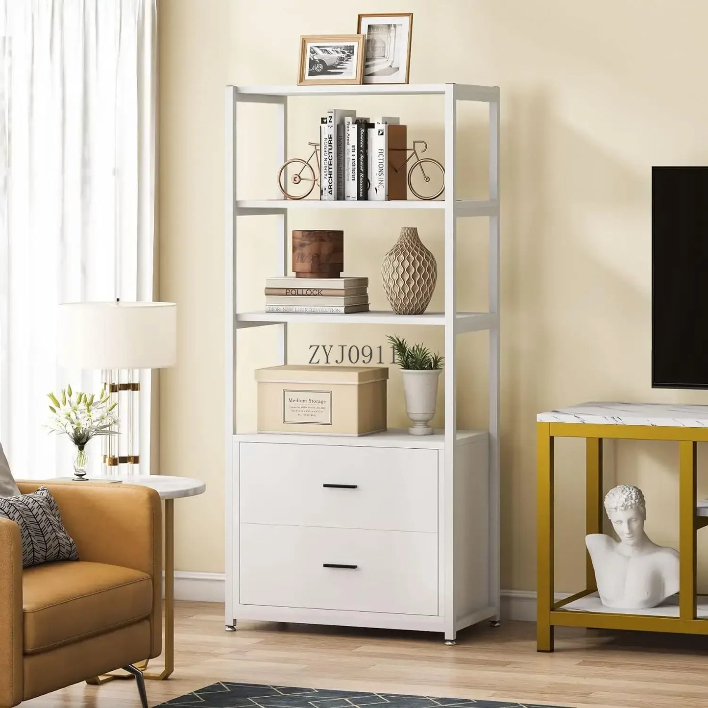 Bookcase 4-Tier White Bookshelf with 2 Drawers Etagere Standard Book Shelves Display Shelf for Home Office