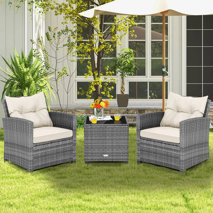 GOFLAME 3 Piece Patio Rattan Sofa Set Outdoor Wicker Conversation Set-White