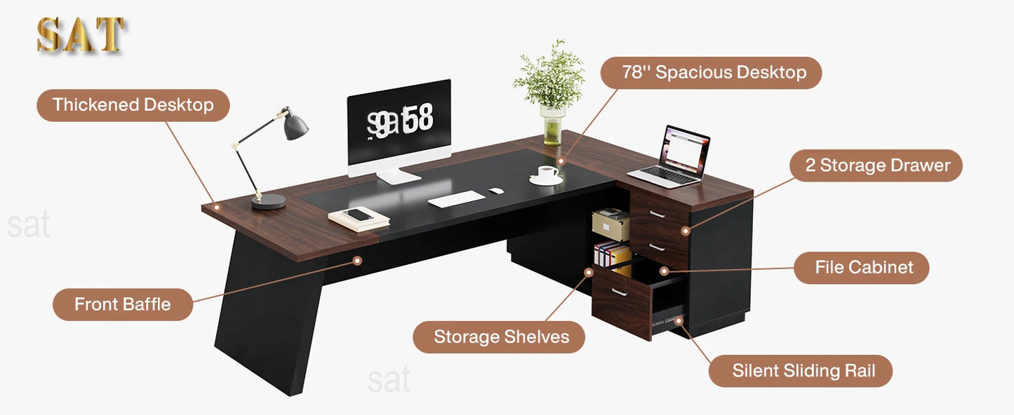 78" L-Shaped Executive Desk Large Office Desk with Drawers and Lateral File Cabinet