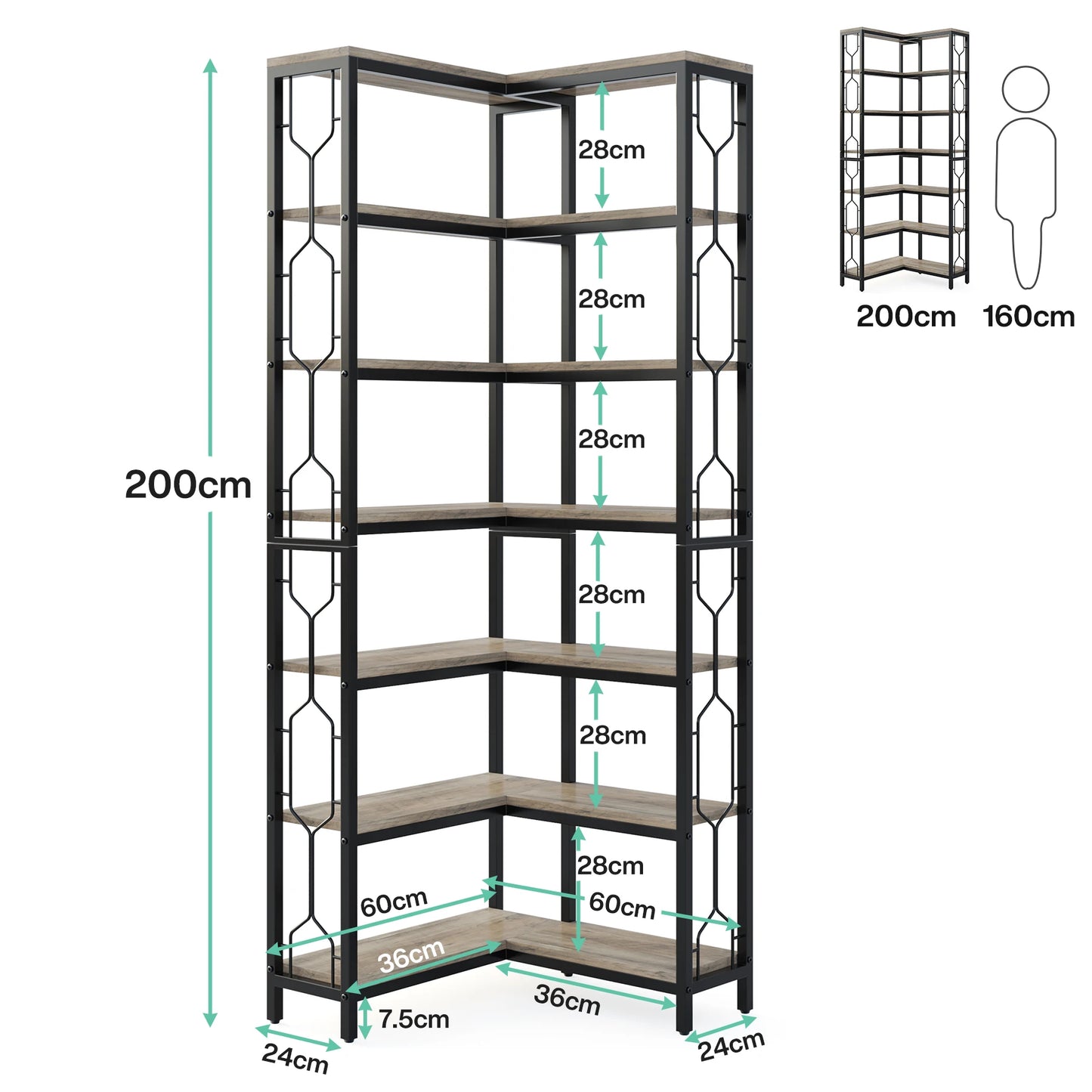 7-Shelf Corner Bookshelf,Large Modern Corner Bookcase, 7-Tier Tall Corner Shelf Storage Display Rack with Metal Frame