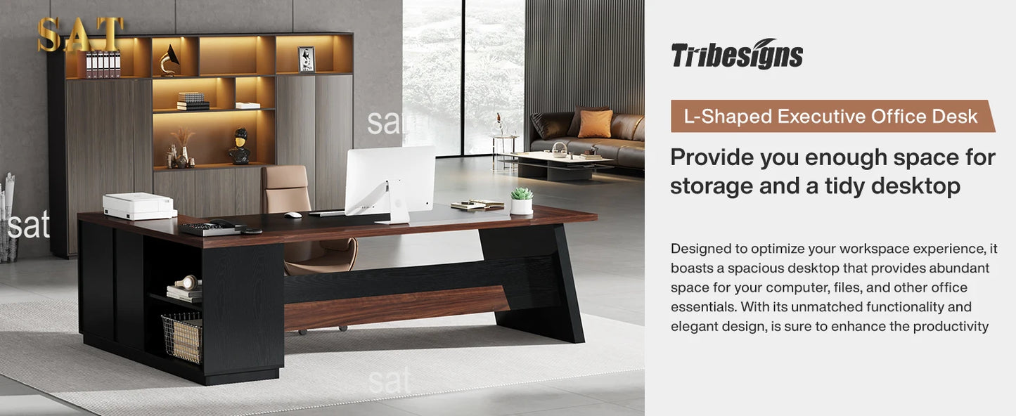 78" L-Shaped Executive Desk Large Office Desk with Drawers and Lateral File Cabinet