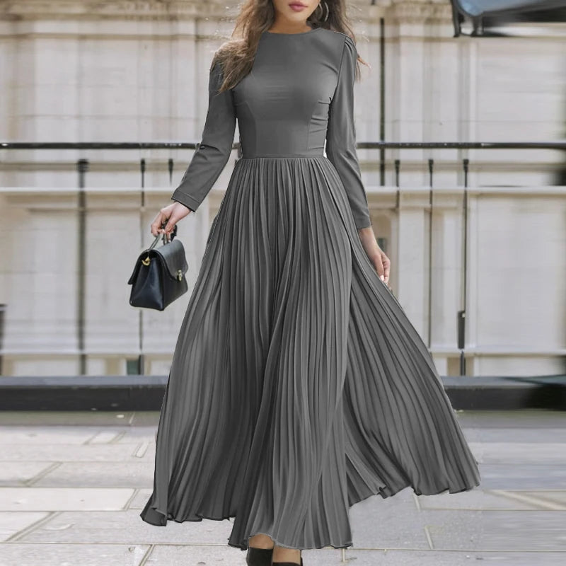 ZANZEA O Neck Plisse Maxi Dress Elegant High Waist Long Sleeve 2024 Fall Pleated Dress Women Commute Fashion A-line Vestidos