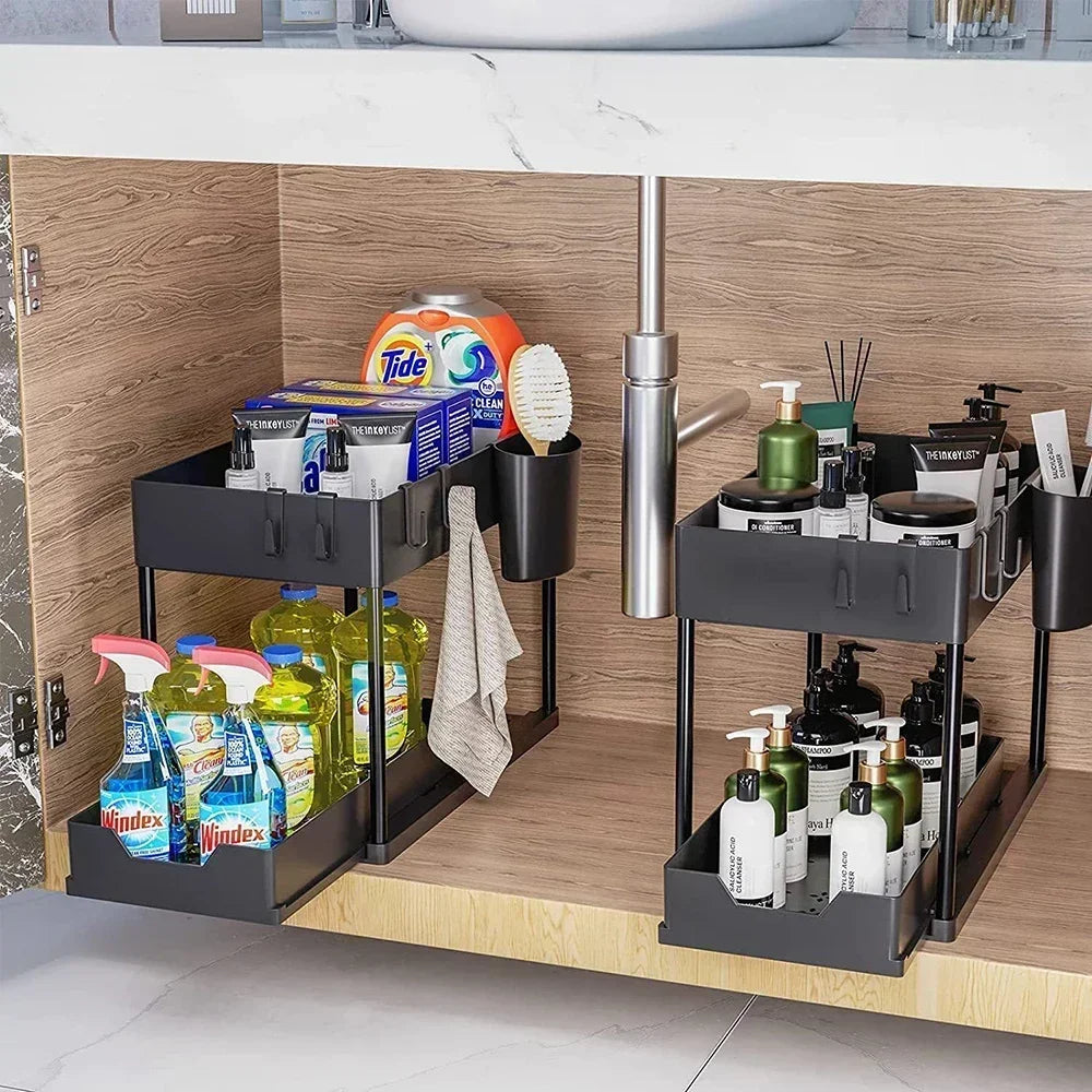 Under Sink Organizer Sliding Cabinet Drawers Storage Kitchen 2 Tiers Racks Multi-Purpose Pull Out Cabinet Storage Shelf Holders