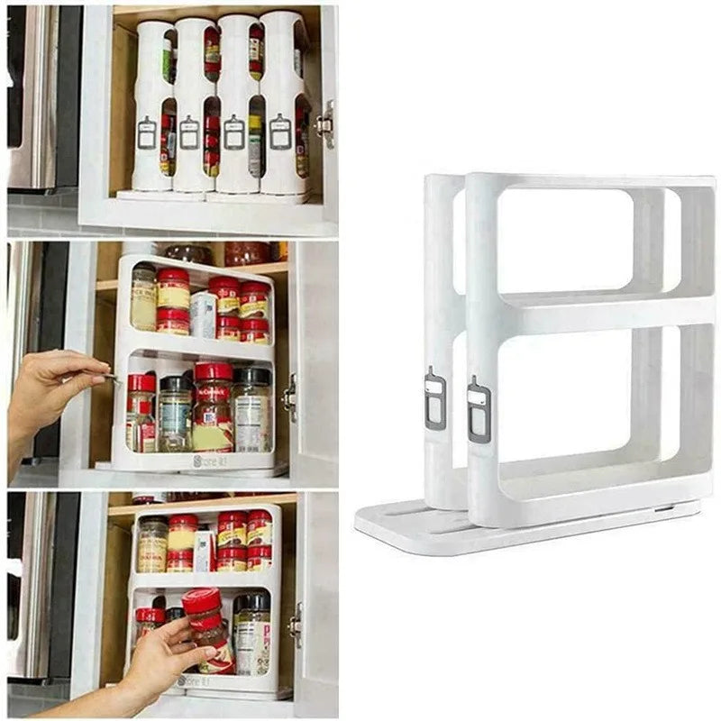 Cabinet Caddy Sliding Spice Rack Organizer for Cabinet Pull & Rotate Kitchen Organizers and Storage 2 Double-Decker Shelves