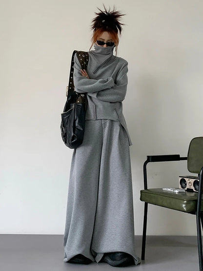 EAM Gray Irregular Zipper Spliced Sweatshirt New Stand Collar Long Sleeve Waist Women Fashion Tide Spring Autumn 2025 30A3036