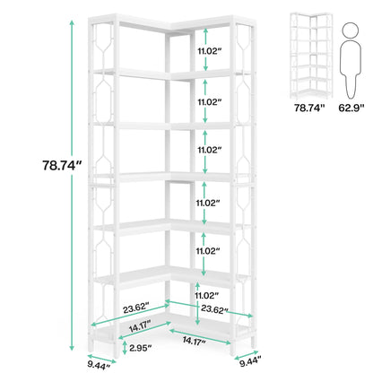 7-Shelf Corner Bookshelf,Large Modern Corner Bookcase, 7-Tier Tall Corner Shelf Storage Display Rack with Metal Frame