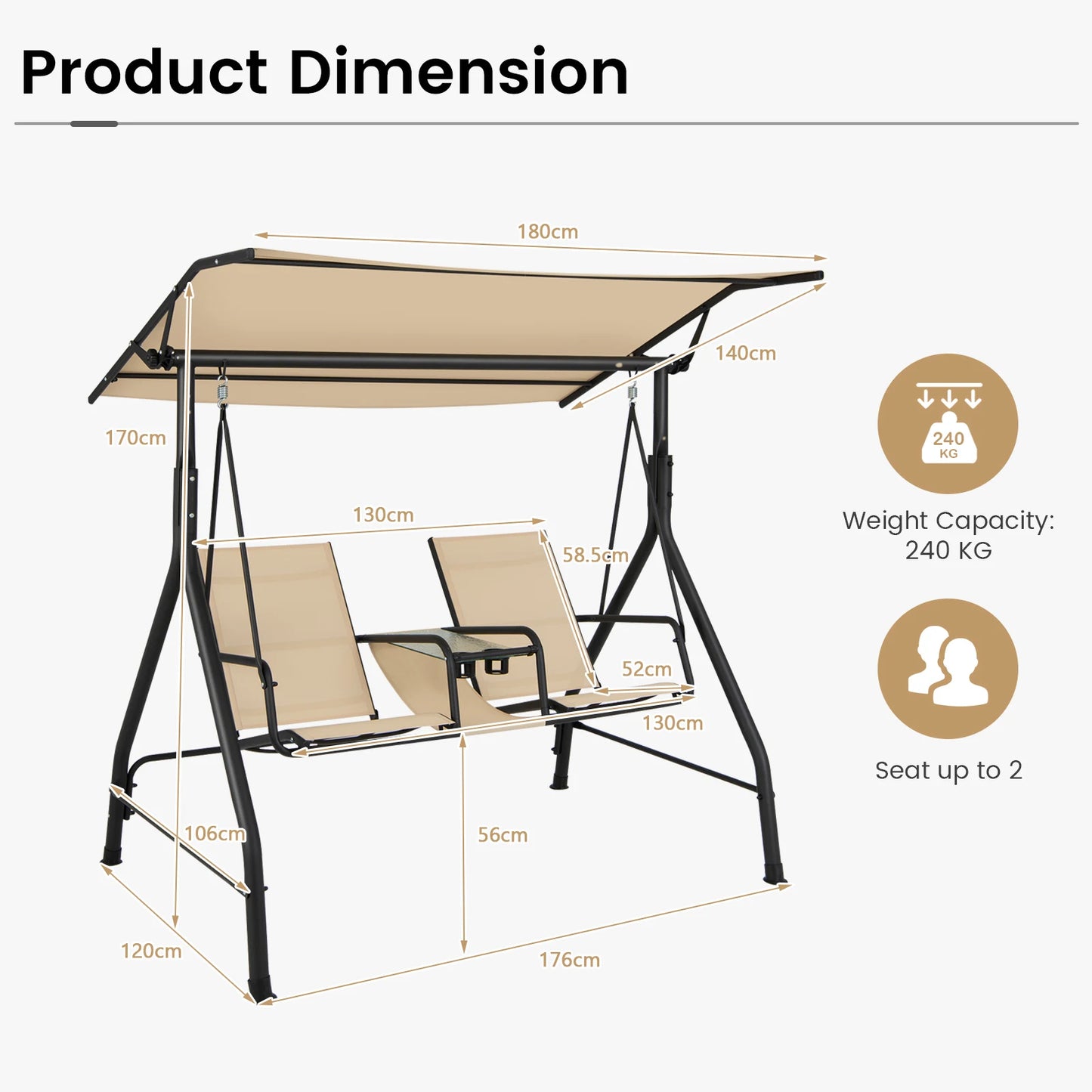 GOFLAME 2-seat Outdoor Patio Swing, Patio Loveseat Swing with Adjustable Canopy, Heavy-duty Steel Frame