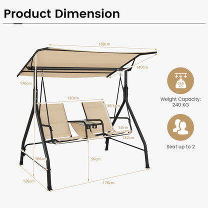 GOFLAME 2-seat Outdoor Patio Swing, Patio Loveseat Swing with Adjustable Canopy, Heavy-duty Steel Frame
