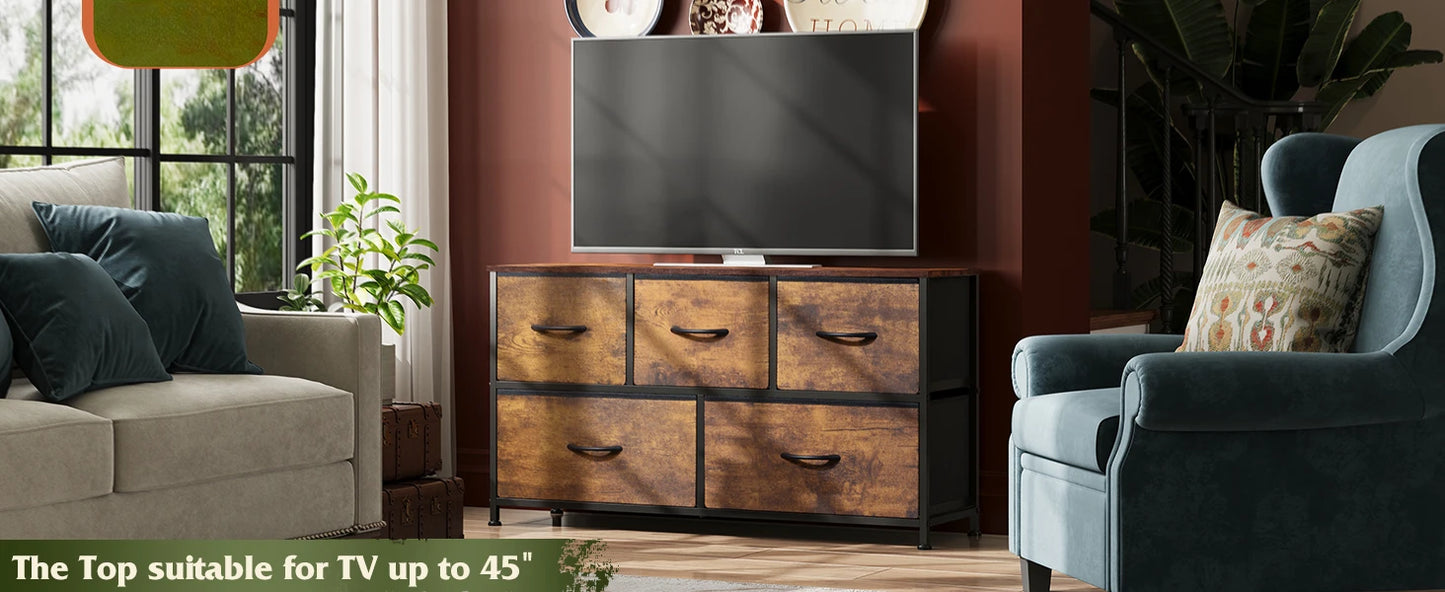 Chest of Drawers,5 Fabric Drawers Cabinet with Easy Pull Handle,Wood Top and Sturdy Steel Frame for Bedroom,Living Room