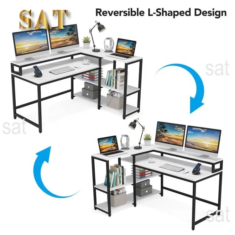 Computer Gaming Desk Reversible L Shaped Modern Wooden Office Desk