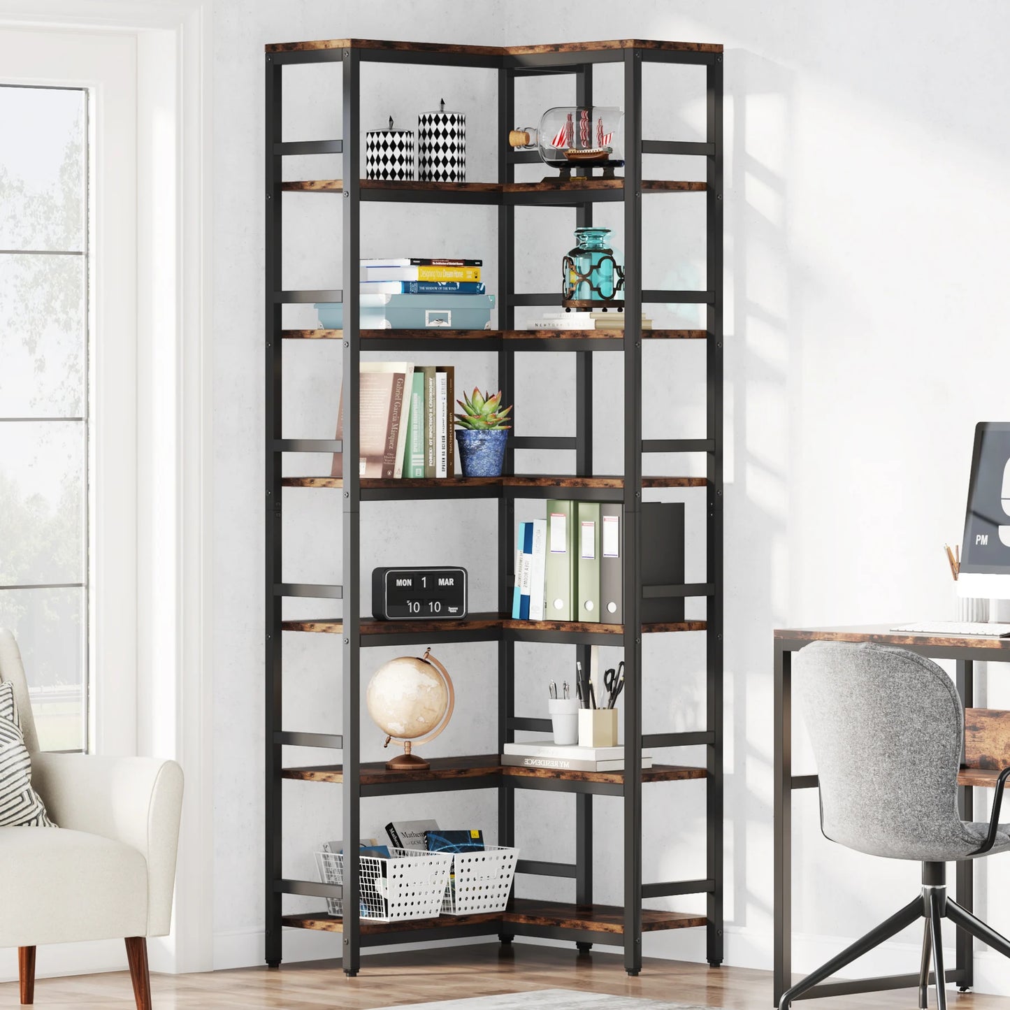 7-Shelf Corner Bookshelf,Large Modern Corner Bookcase, 7-Tier Tall Corner Shelf Storage Display Rack with Metal Frame