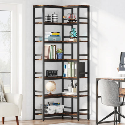 7-Shelf Corner Bookshelf,Large Modern Corner Bookcase, 7-Tier Tall Corner Shelf Storage Display Rack with Metal Frame