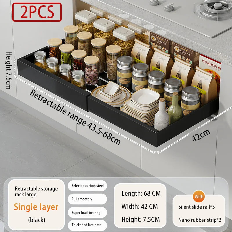 Expandable Pull Out Cabinet Organizer Metal Stick Slide Out  Drawers Storage Kitchen Adjustable Sliding Roll Out Cabinet Shelves