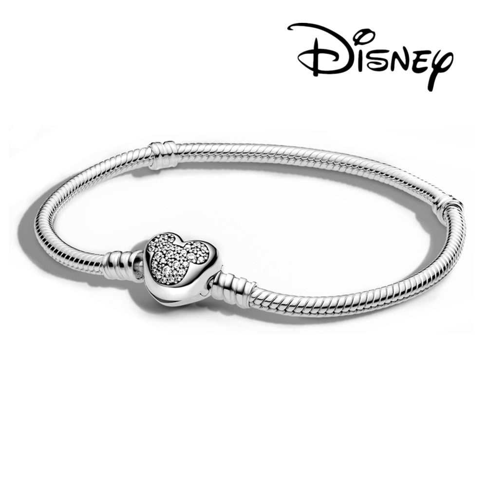 Disney 925 Sterling Silver Bracelet Moments Sparkling Mickey Mouse Heart Clasp Snake Chain Bracelet for Women DIY Charms Beads